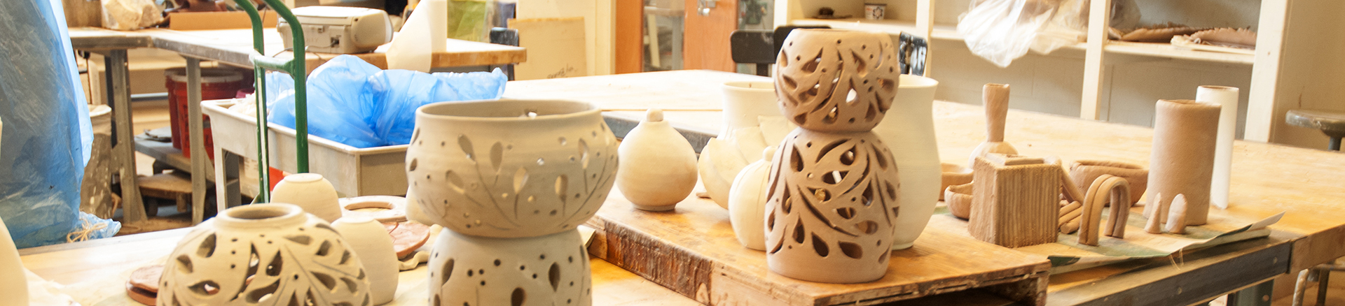 ceramic pieces in table in the ceramics studio